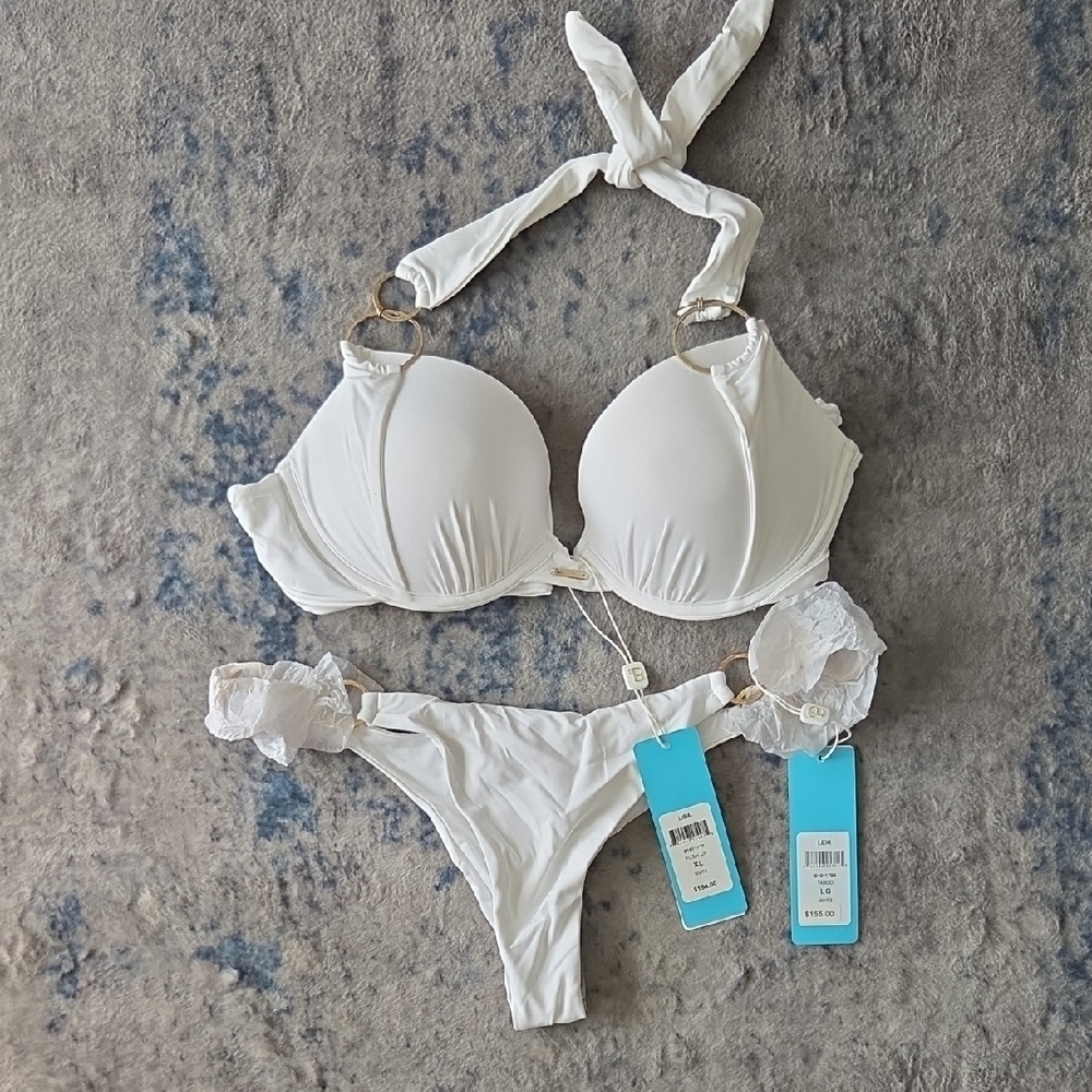 Beach Bunny White Lace Trim Halter Push-Up Bikini (L & XL)